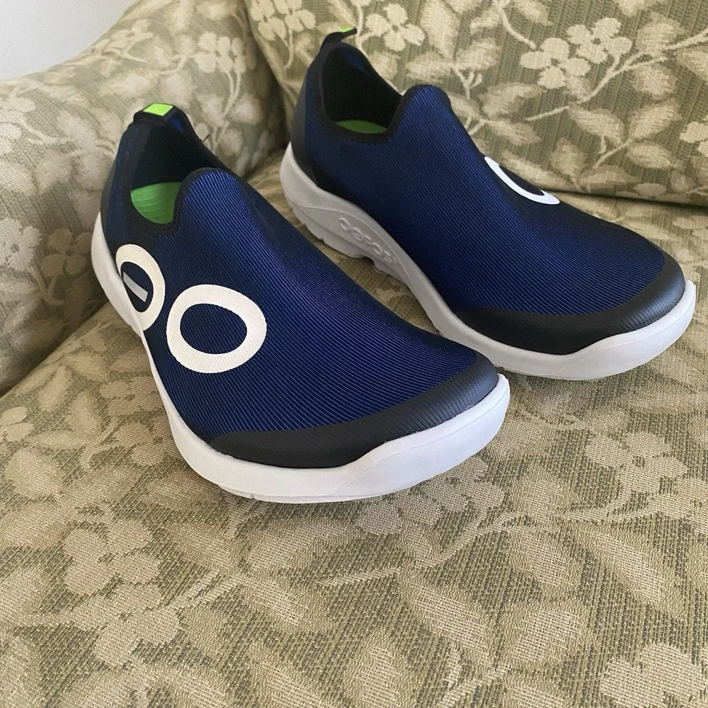 OOFOS OOmg Sport Low Mens Recovery‎ Comfort Shoes Navy Blue White US 10